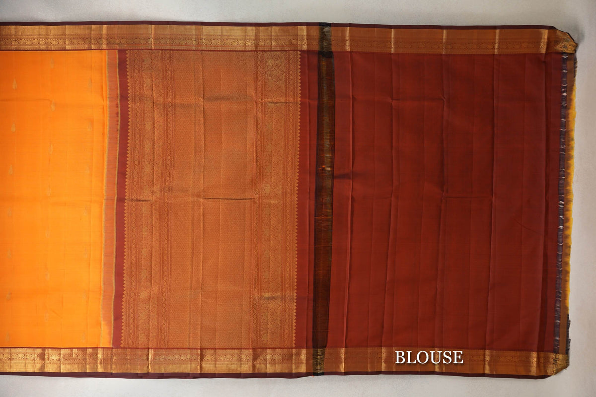 Bright Mango Orange with Deep Rust Maroon Borders Vintage Kanjivaram Silk Saree blouse