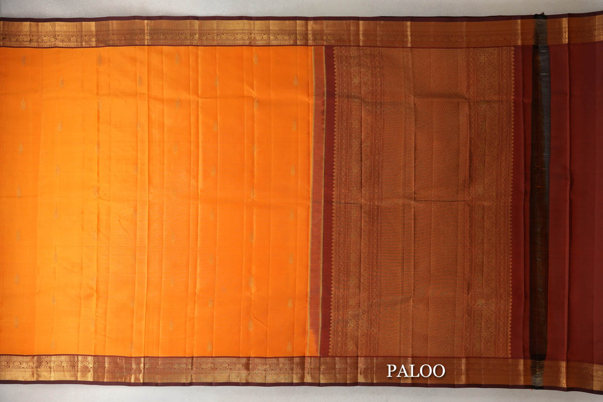 Bright Mango Orange with Deep Rust Maroon Borders Vintage Kanjivaram Silk Saree paloo
