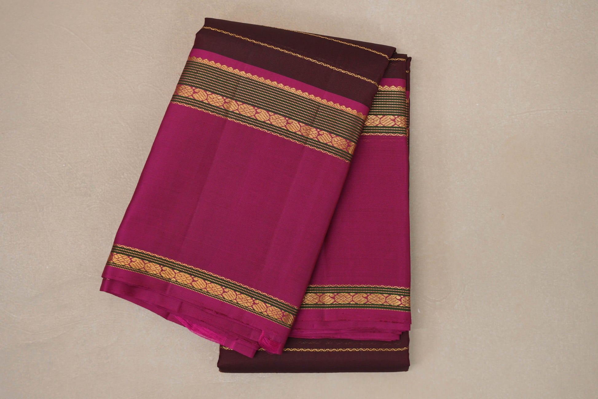 Dark Maroon with Deep Pink Rettai Pettu Borders Vintage Kanjivaram Silk Saree