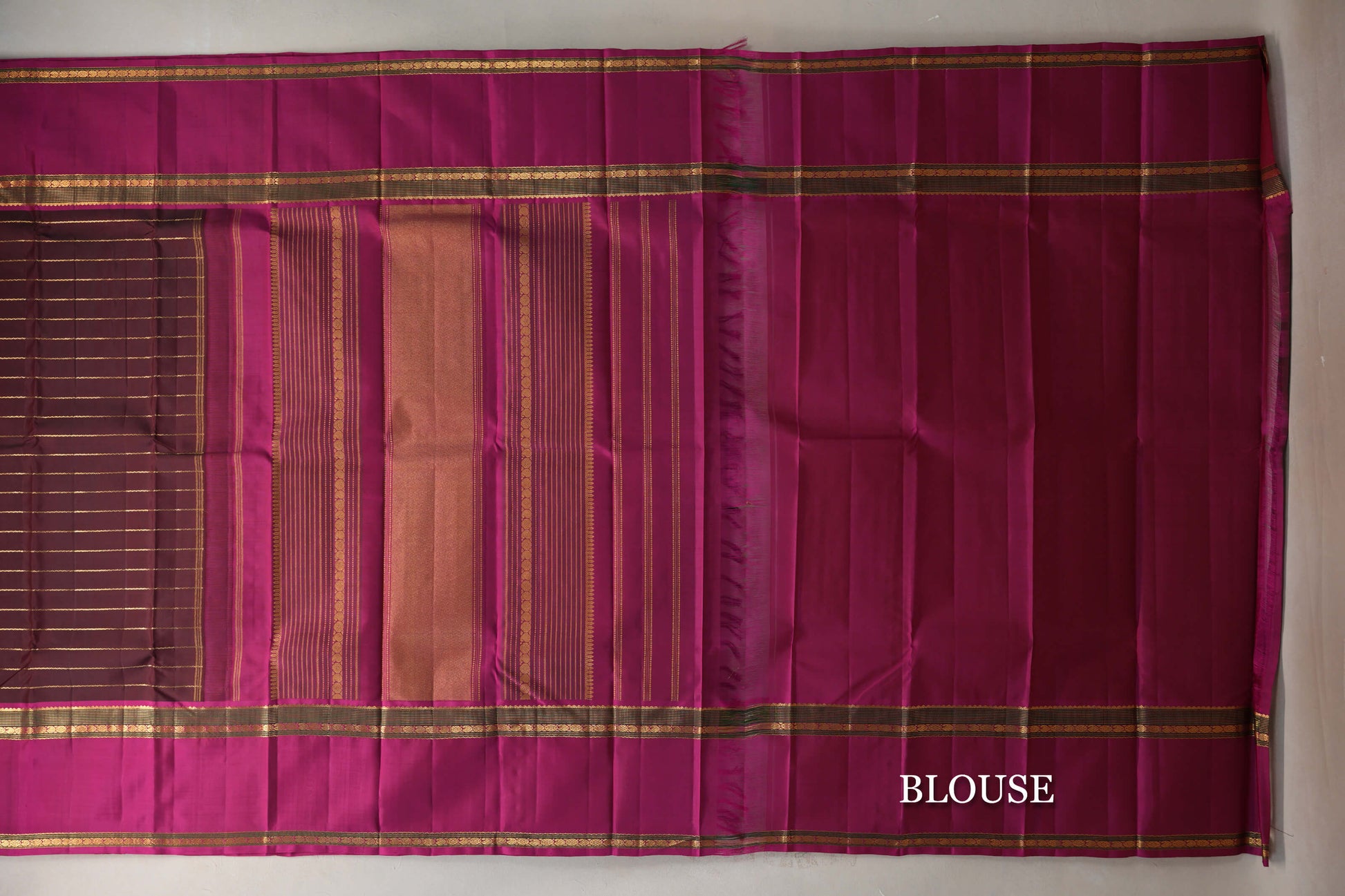 Dark Maroon with Deep Pink Rettai Pettu Borders Vintage Kanjivaram Silk Saree blouse