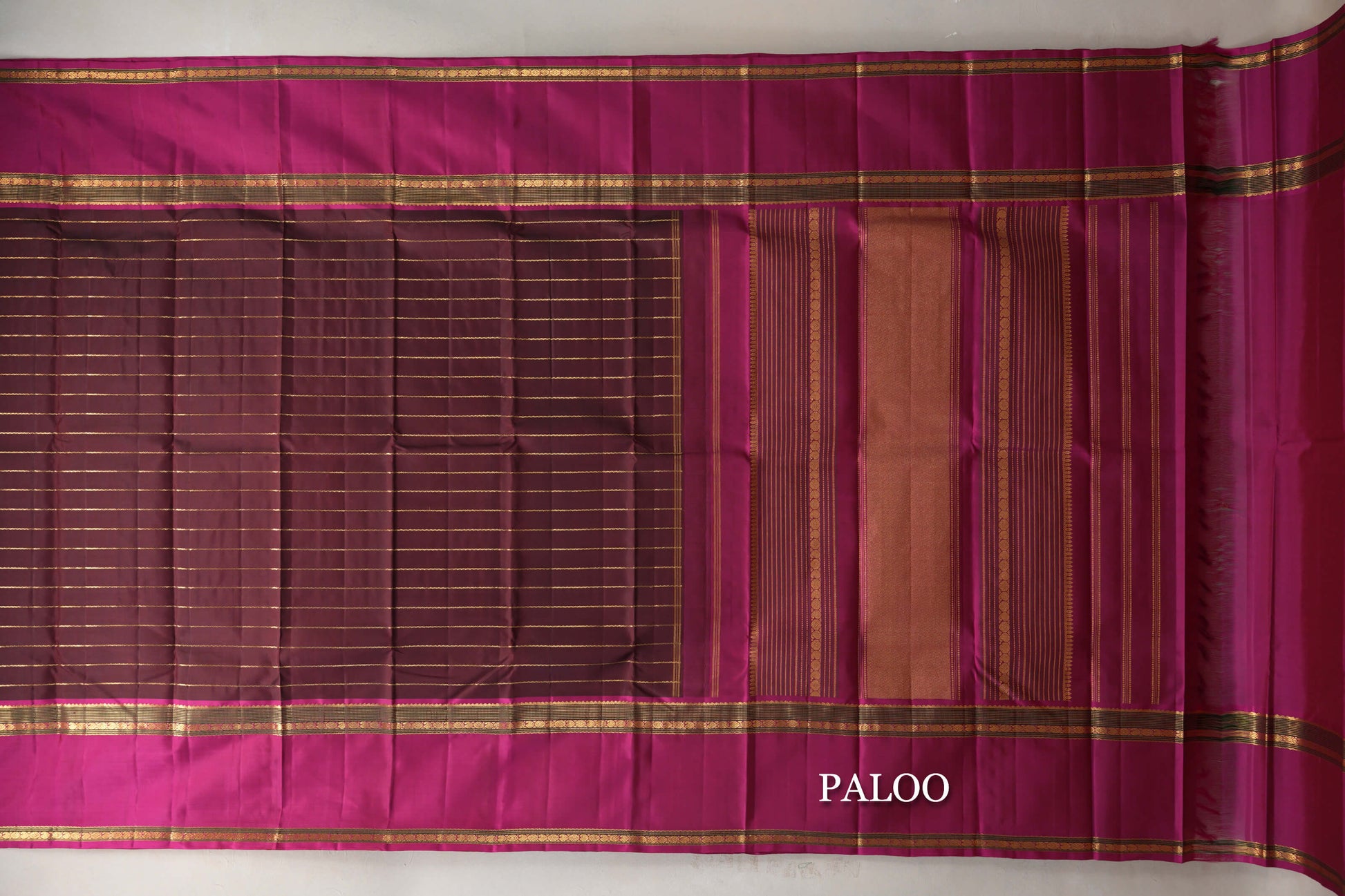 Dark Maroon with Deep Pink Rettai Pettu Borders Vintage Kanjivaram Silk Saree paloo
