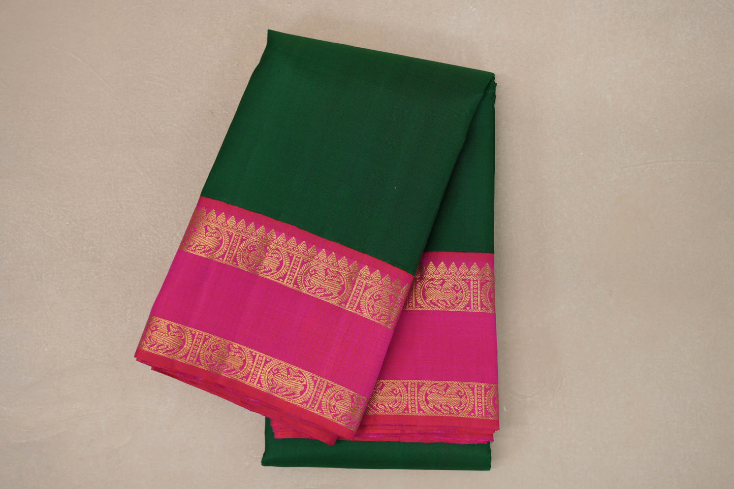Emerald Green with Bright Pink Rettai Pettu Borders Vintage Kanjivaram Silk Saree