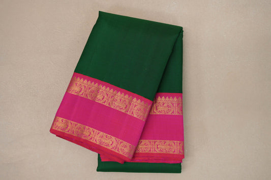Emerald Green with Bright Pink Rettai Pettu Borders Vintage Kanjivaram Silk Saree