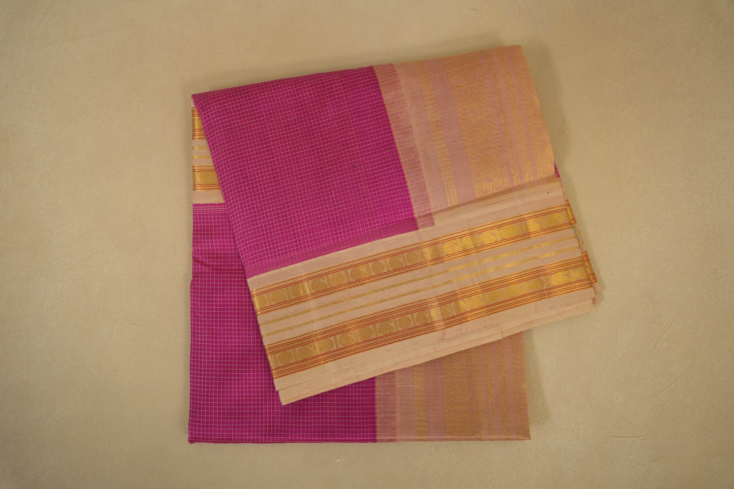 Folded Pink with Half White Borders Silk Cotton Saree 