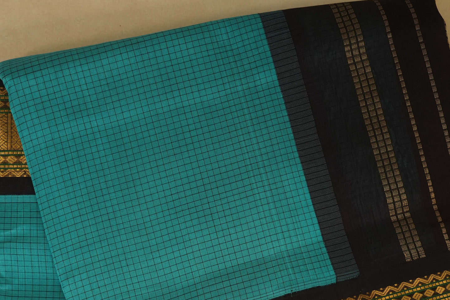 Dark Rama Green with Deep Brown Borders Silk Cotton Saree body zoom