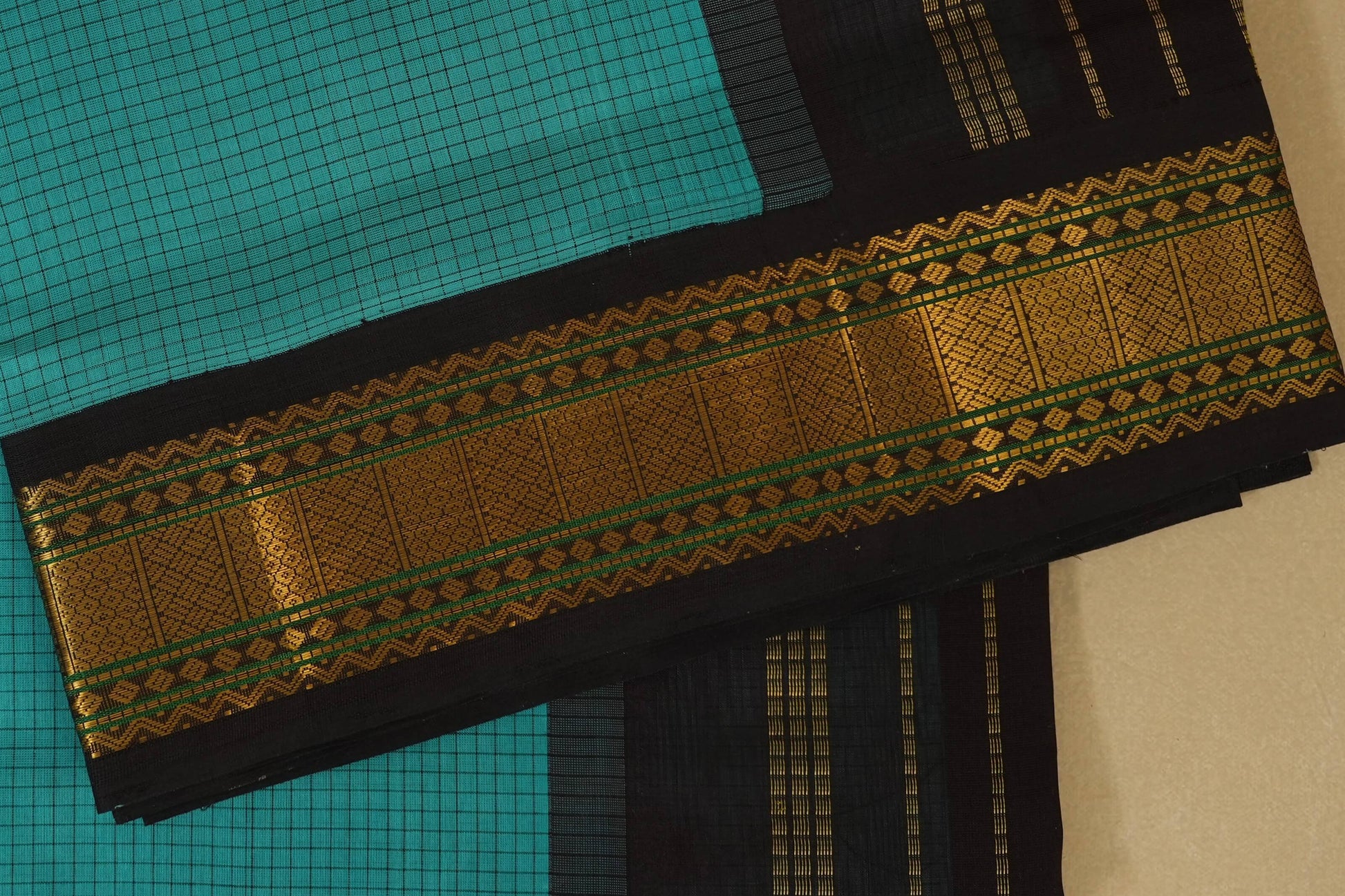 Dark Rama Green with Deep Brown Borders Silk Cotton Saree border zoom