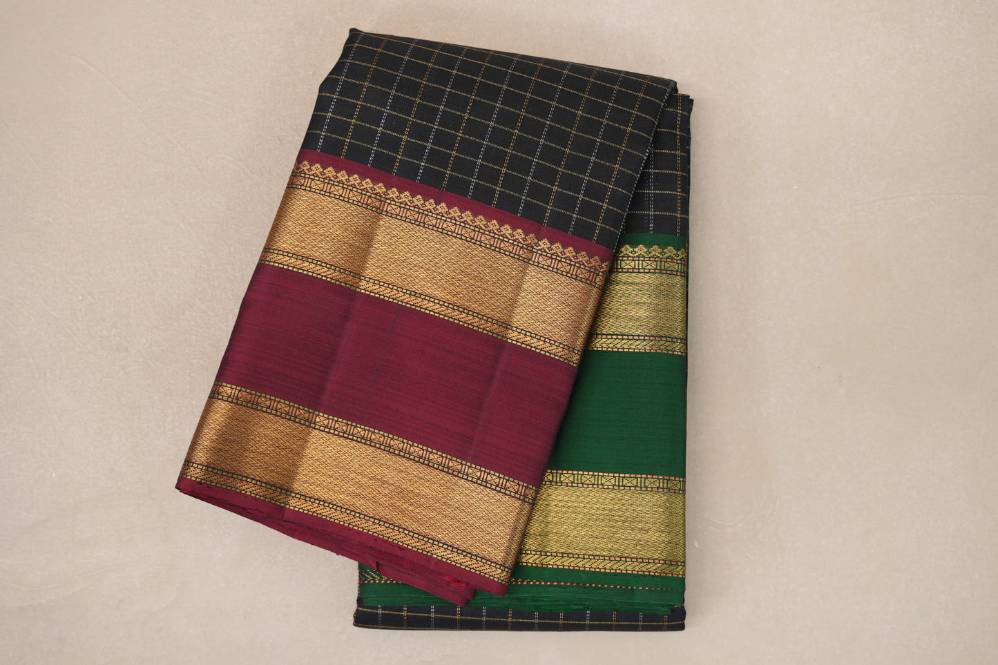 Black with Reddish Pink/Emerald Green Borders Vintage Kanjivaram Silk Saree