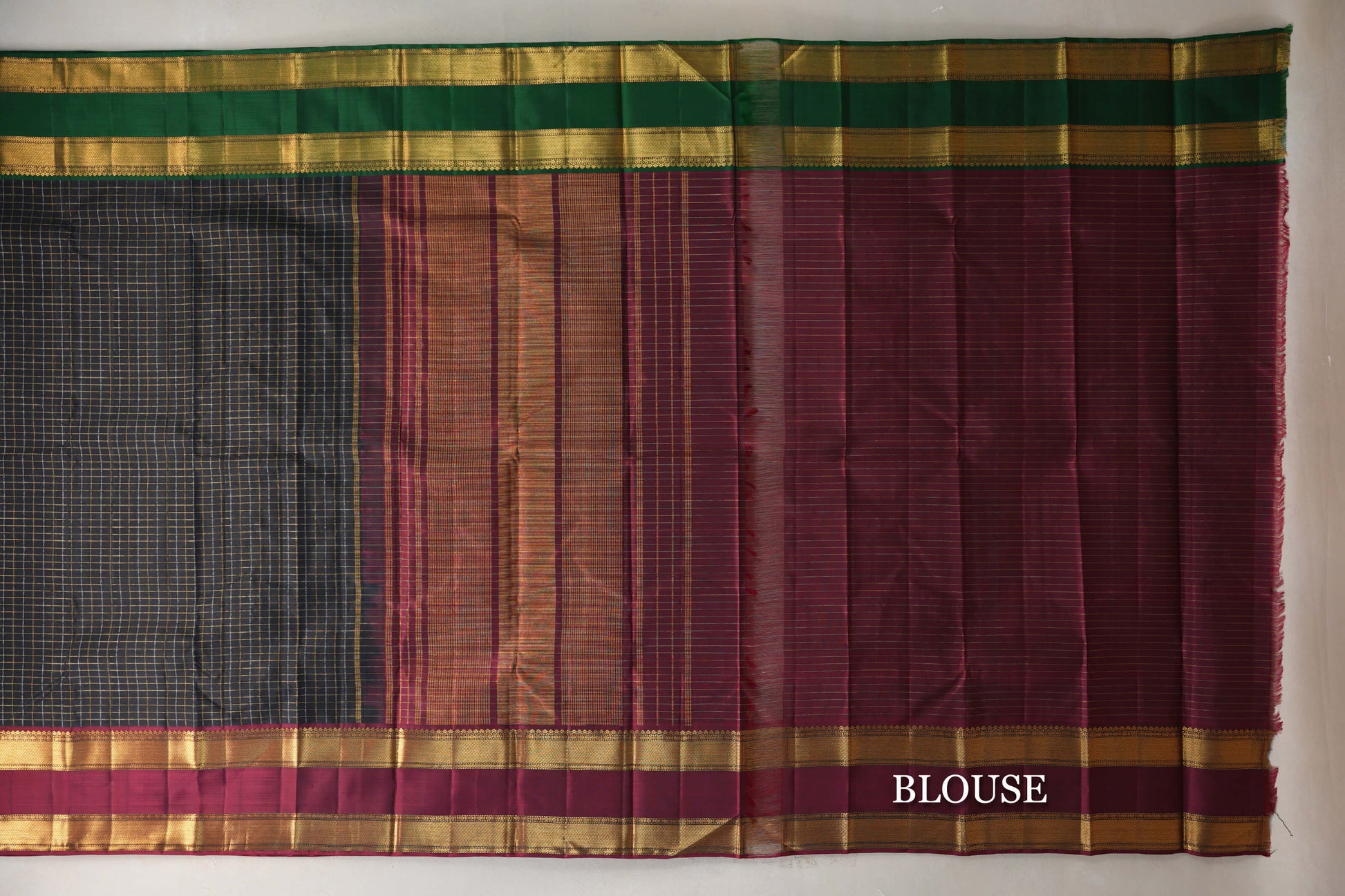 Black with Reddish Pink/Emerald Green Borders Vintage Kanjivaram Silk Saree blouse