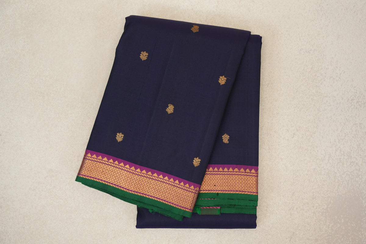 Deep Navy Blue with Deep Magenta with Dark Green Selvedge Borders Vintage Kanjivaram Silk Saree