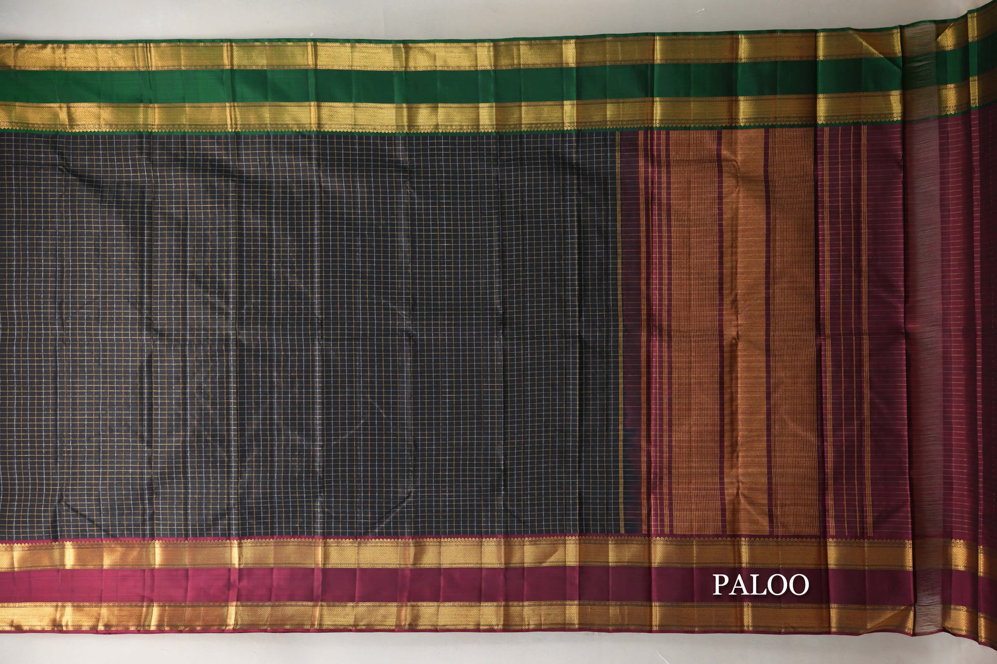 Black with Reddish Pink/Emerald Green Borders Vintage Kanjivaram Silk Saree paloo