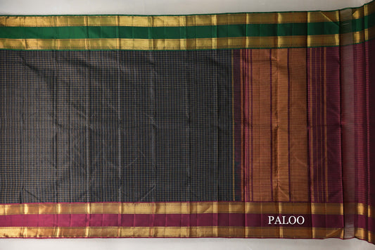 Black with Reddish Pink/Emerald Green Borders Vintage Kanjivaram Silk Saree paloo