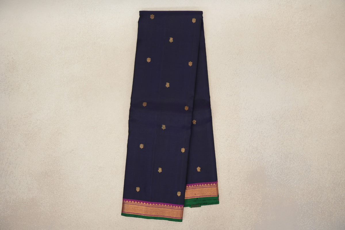 Deep Navy Blue with Deep Magenta with Dark Green Selvedge Borders Vintage Kanjivaram Silk Saree