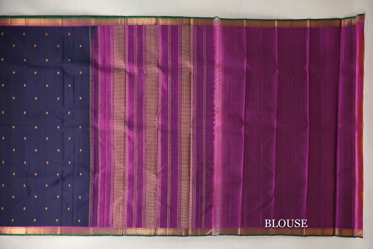 Deep Navy Blue with Deep Magenta with Dark Green Selvedge Borders Vintage Kanjivaram Silk Saree blouse