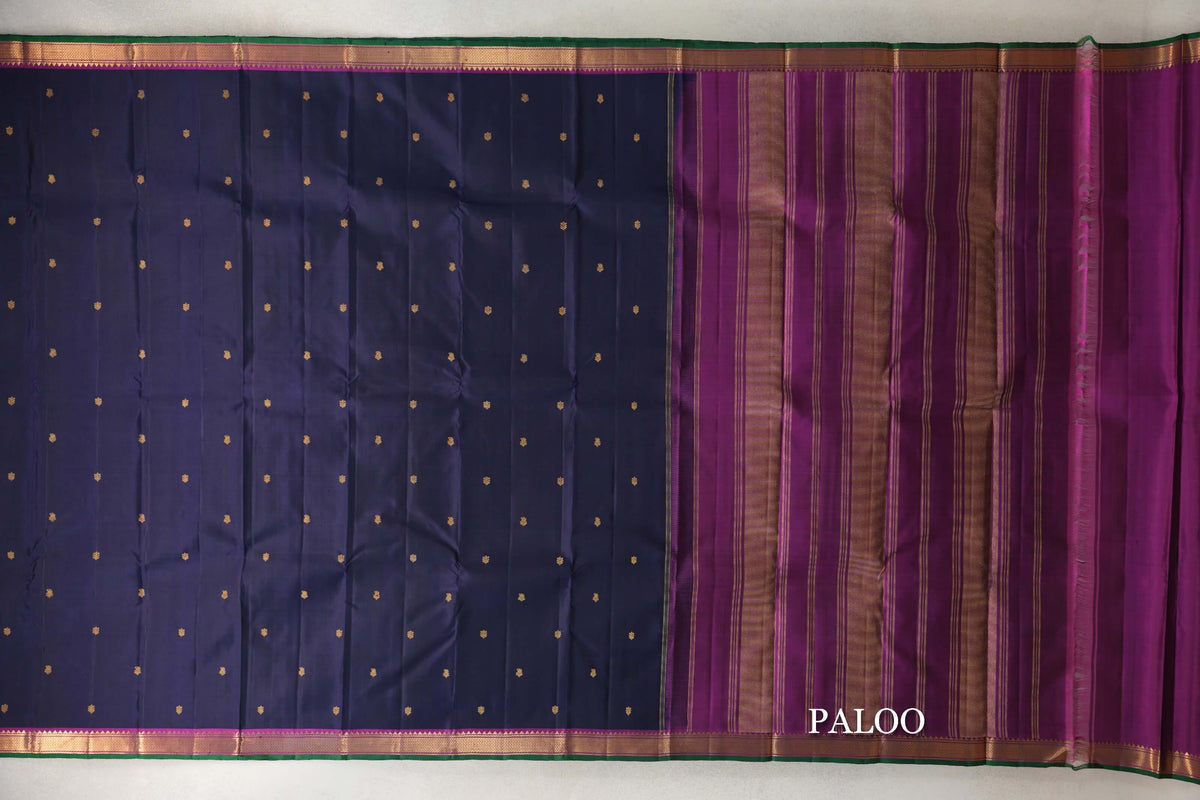 Deep Navy Blue with Deep Magenta with Dark Green Selvedge Borders Vintage Kanjivaram Silk Saree paloo