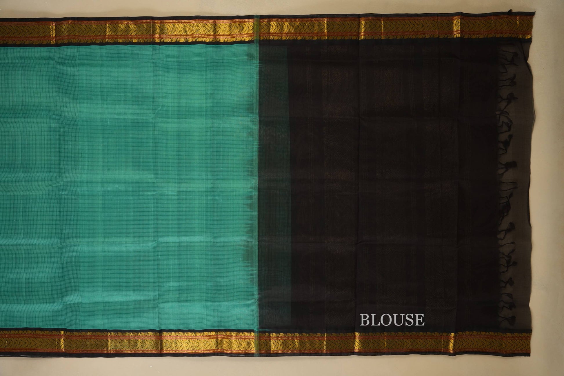 Rexona Green with Deep Brown Borders Silk Cotton Saree blouse