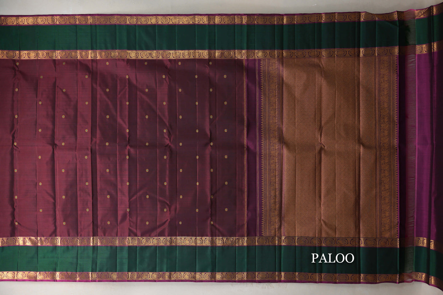 Reddish Maroon with Deep Magenta Rettai Pettu Borders Vintage Kanjivaram Silk Saree paloo