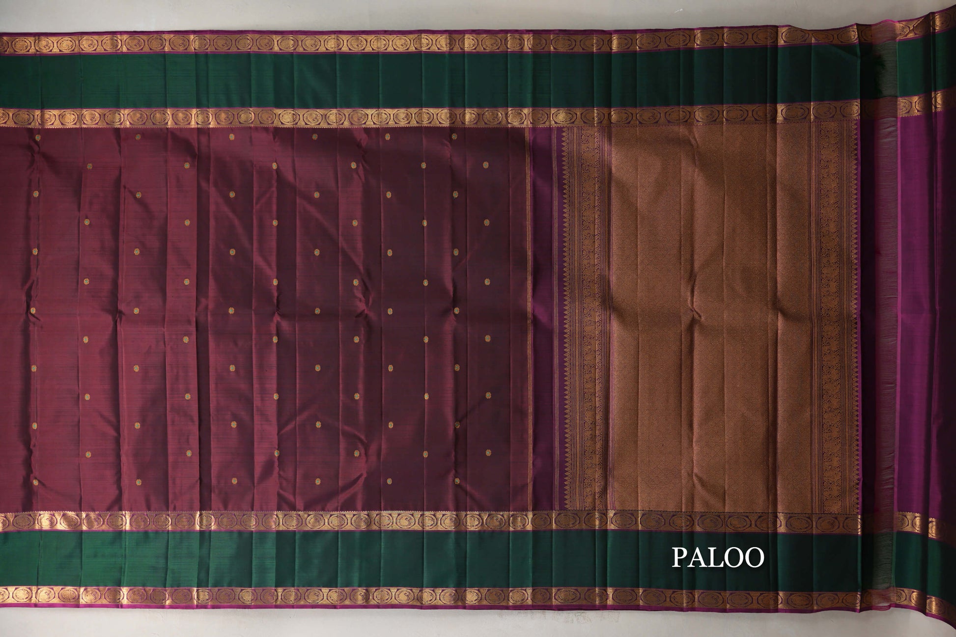 Reddish Maroon with Deep Magenta Rettai Pettu Borders Vintage Kanjivaram Silk Saree paloo