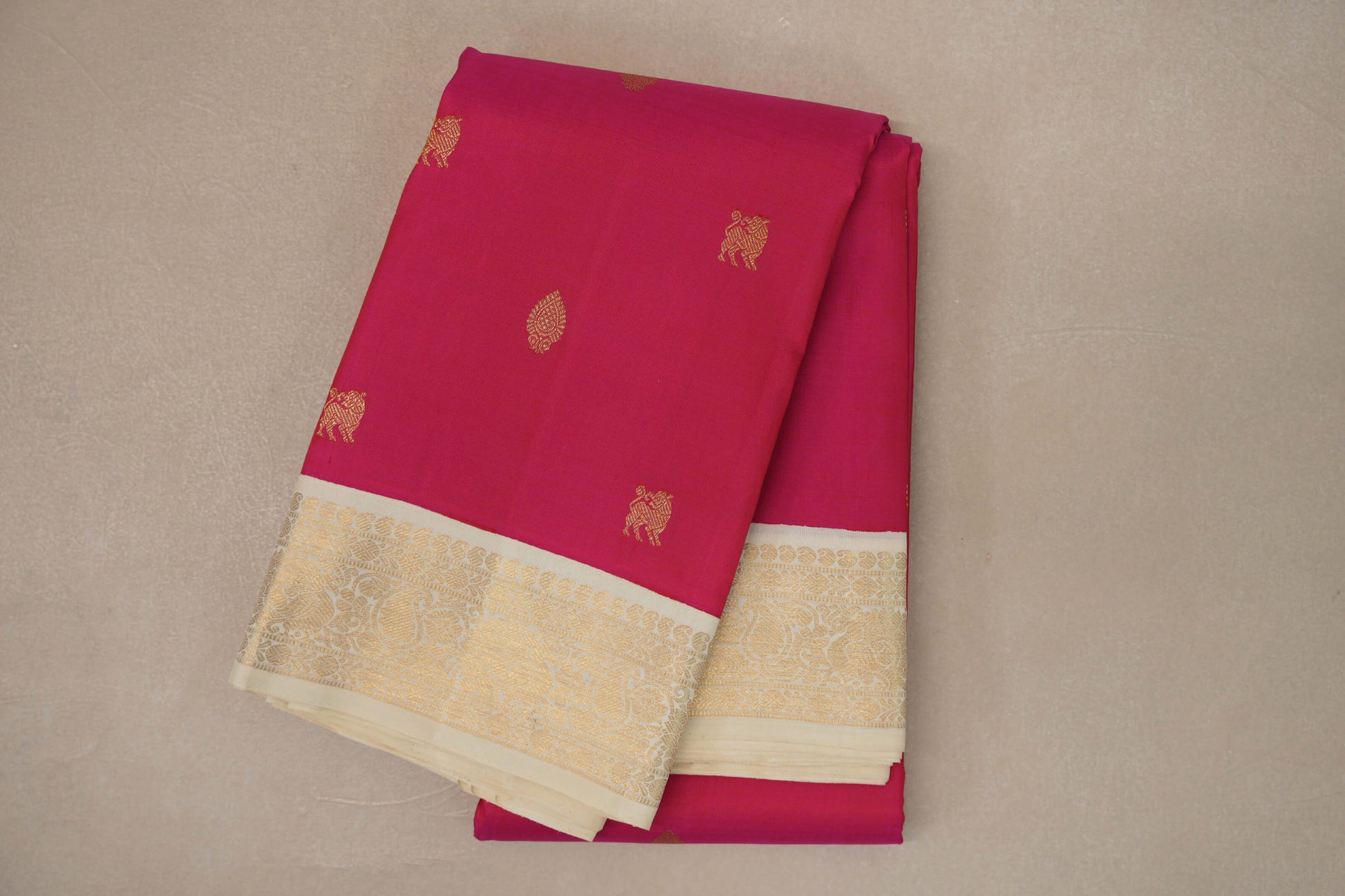 Rani Pink with Cream Borders Vintage Kanjivaram Silk Saree 