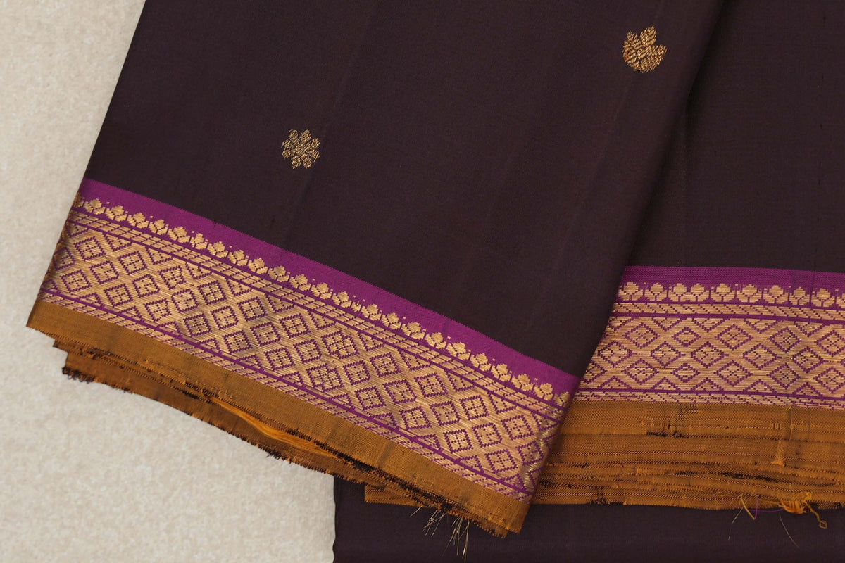 Deep Plum Brown with Deep Magenta with Mustard Oil Selvedge Borders Vintage Kanjivaram Silk Saree border