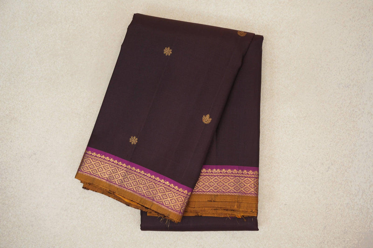 Deep Plum Brown with Deep Magenta with Mustard Oil Selvedge Borders Vintage Kanjivaram Silk Saree
