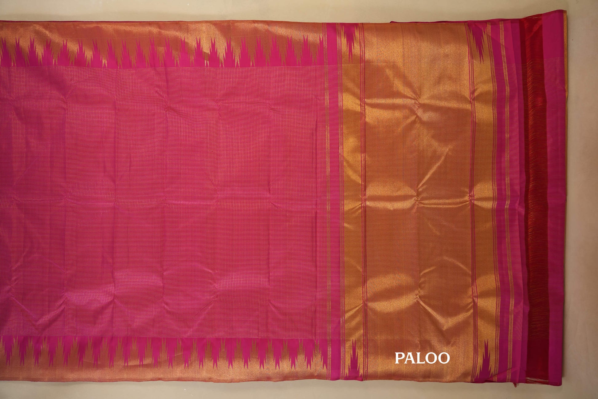 Pink zari checks with Temple Borders Kanjivaram Silk Saree paloo