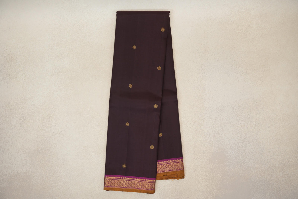 Deep Plum Brown with Deep Magenta with Mustard Oil Selvedge Borders Vintage Kanjivaram Silk Saree