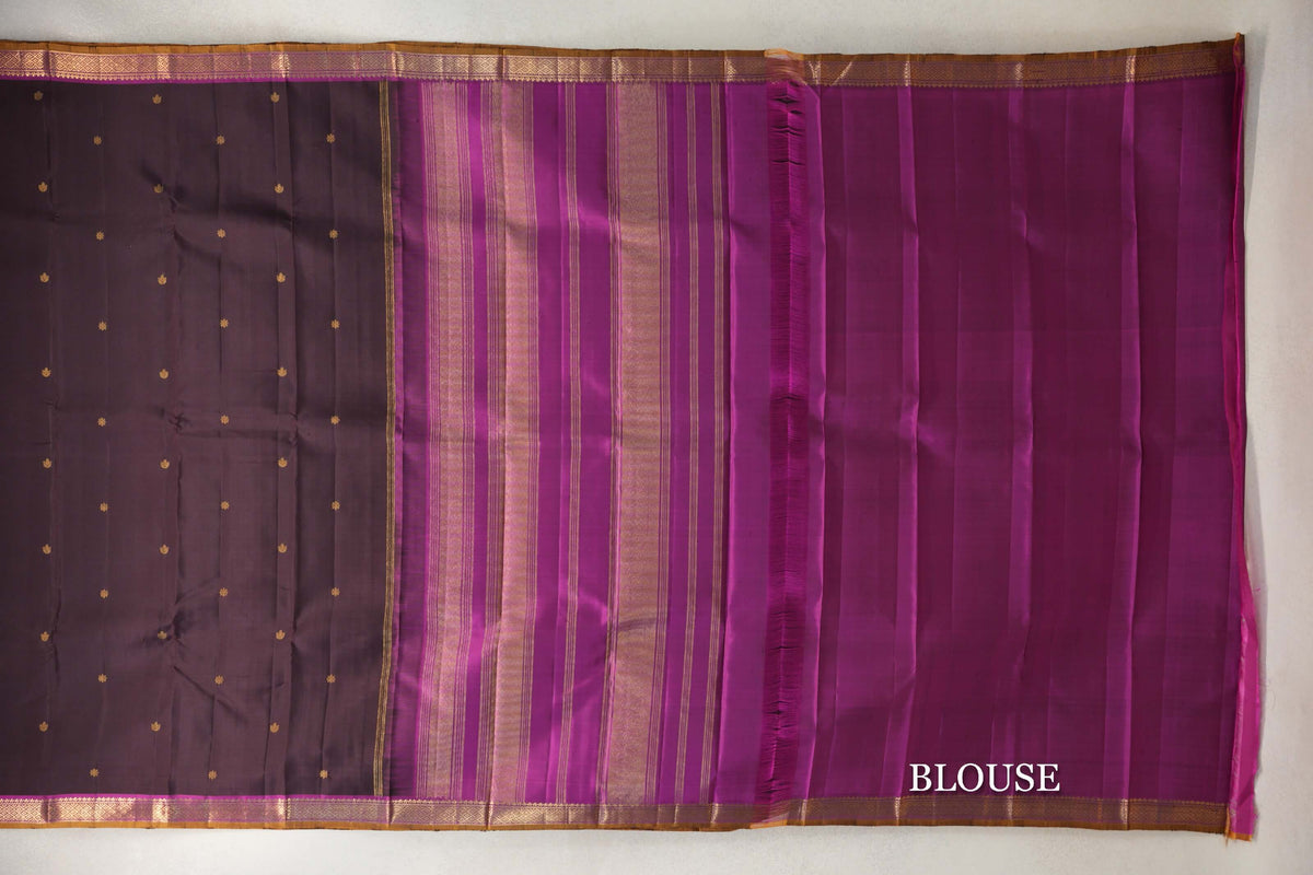 Deep Plum Brown with Deep Magenta with Mustard Oil Selvedge Borders Vintage Kanjivaram Silk Saree blouse