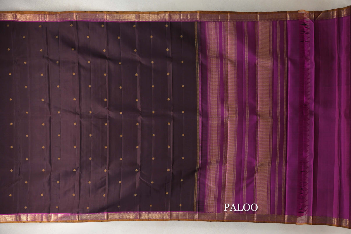 Deep Plum Brown with Deep Magenta with Mustard Oil Selvedge Borders Vintage Kanjivaram Silk Saree paloo