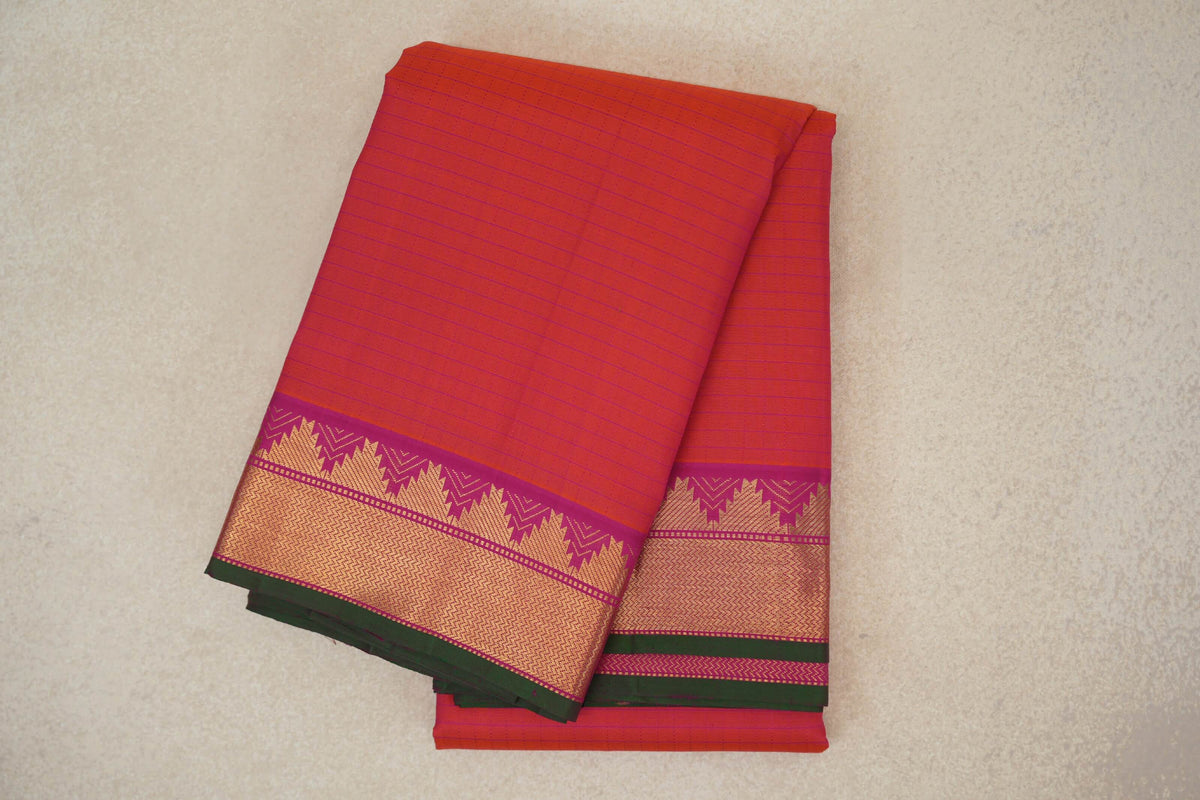 Orangish Pink with Bright Magenta with Dark Green Selvedge Borders Vintage Kanjivaram Silk Saree