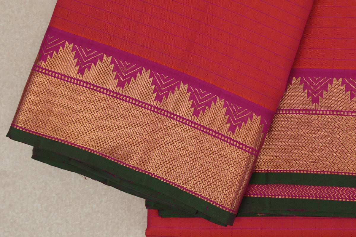 Orangish Pink with Bright Magenta with Dark Green Selvedge Borders Vintage Kanjivaram Silk Saree border