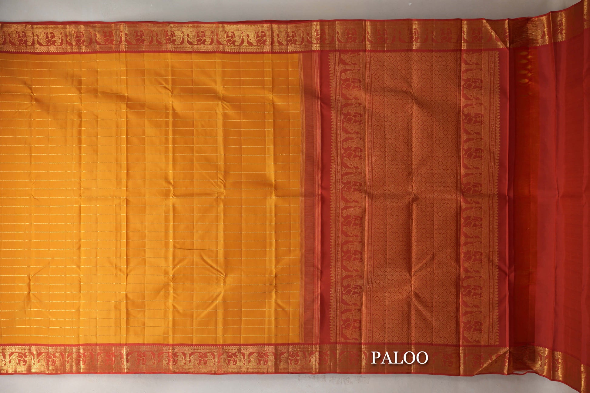 Mango Yellow with Reddish Orange Borders Vintage Kanjivaram Silk Saree paloo