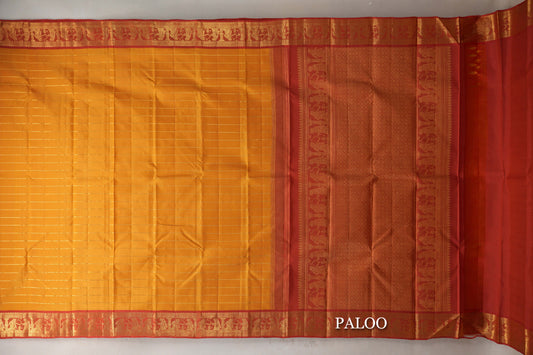 Mango Yellow with Reddish Orange Borders Vintage Kanjivaram Silk Saree paloo