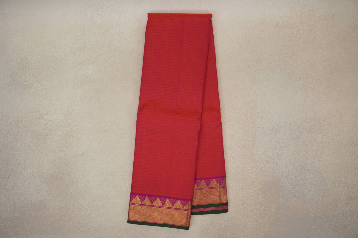 Orangish Pink with Bright Magenta with Dark Green Selvedge Borders Vintage Kanjivaram Silk Saree