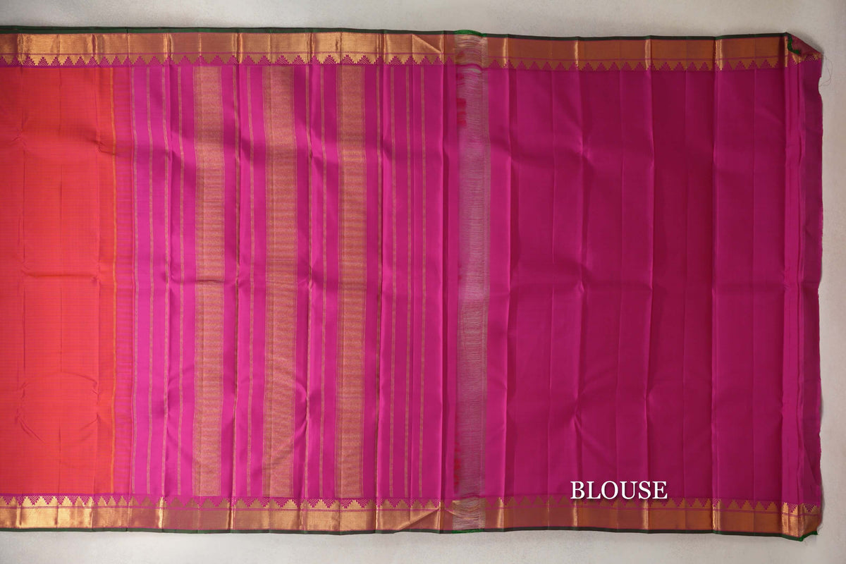 Orangish Pink with Bright Magenta with Dark Green Selvedge Borders Vintage Kanjivaram Silk Saree blouse