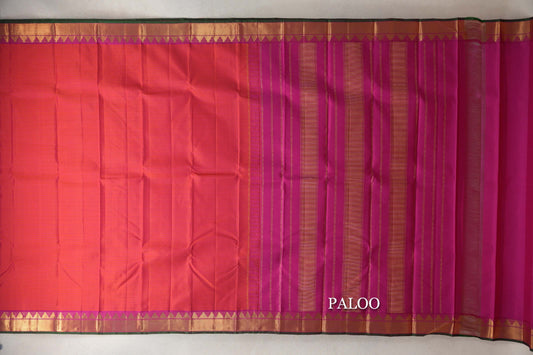 Orangish Pink with Bright Magenta with Dark Green Selvedge Borders Vintage Kanjivaram Silk Saree paloo