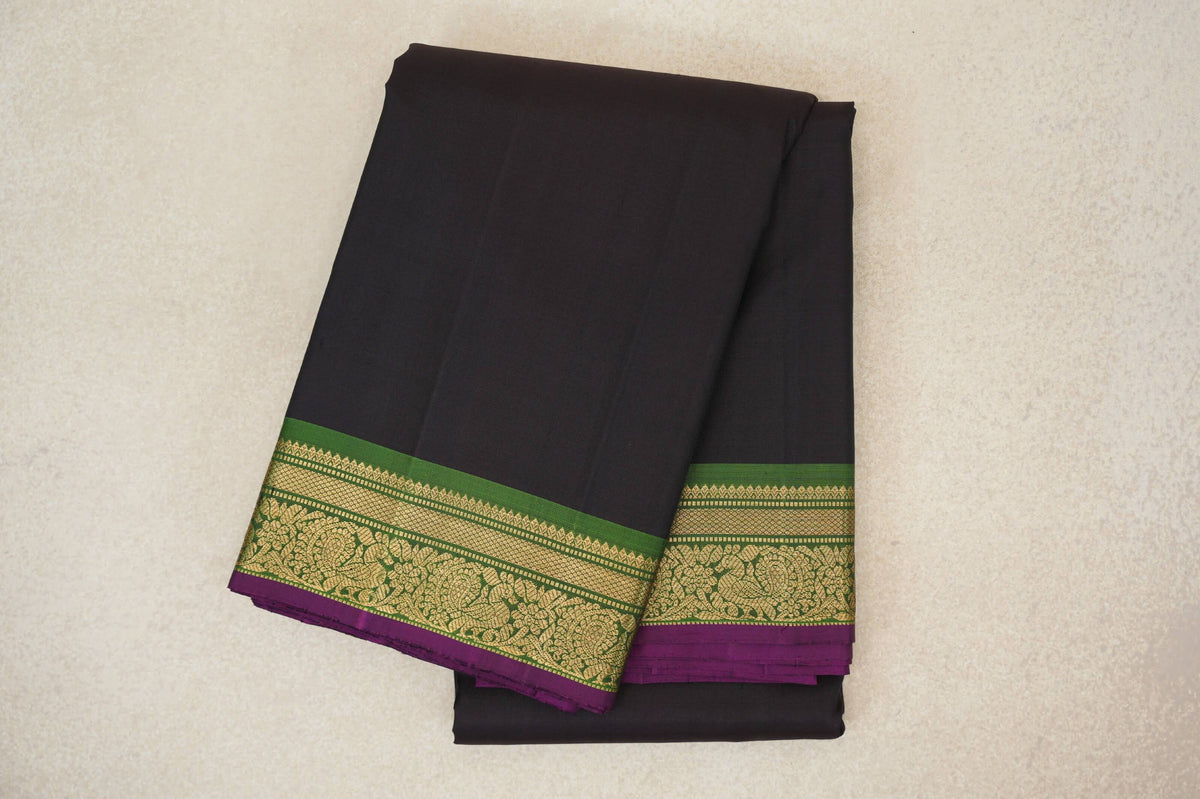 Deep Plum Brown /Black with Leaf Green with Deep Magenta Selvedge Borders Vintage Kanjivaram Silk Saree