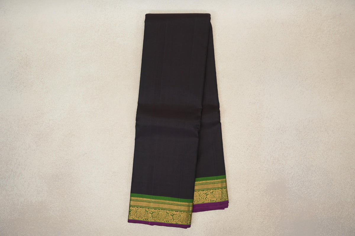 Deep Plum Brown /Black with Leaf Green with Deep Magenta Selvedge Borders Vintage Kanjivaram Silk Saree
