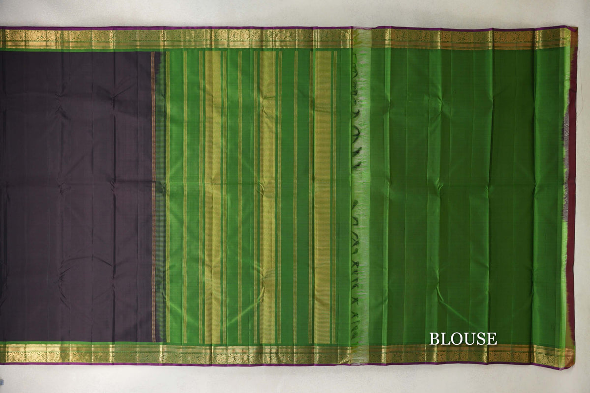 Deep Plum Brown /Black with Leaf Green with Deep Magenta Selvedge Borders Vintage Kanjivaram Silk Saree blouse