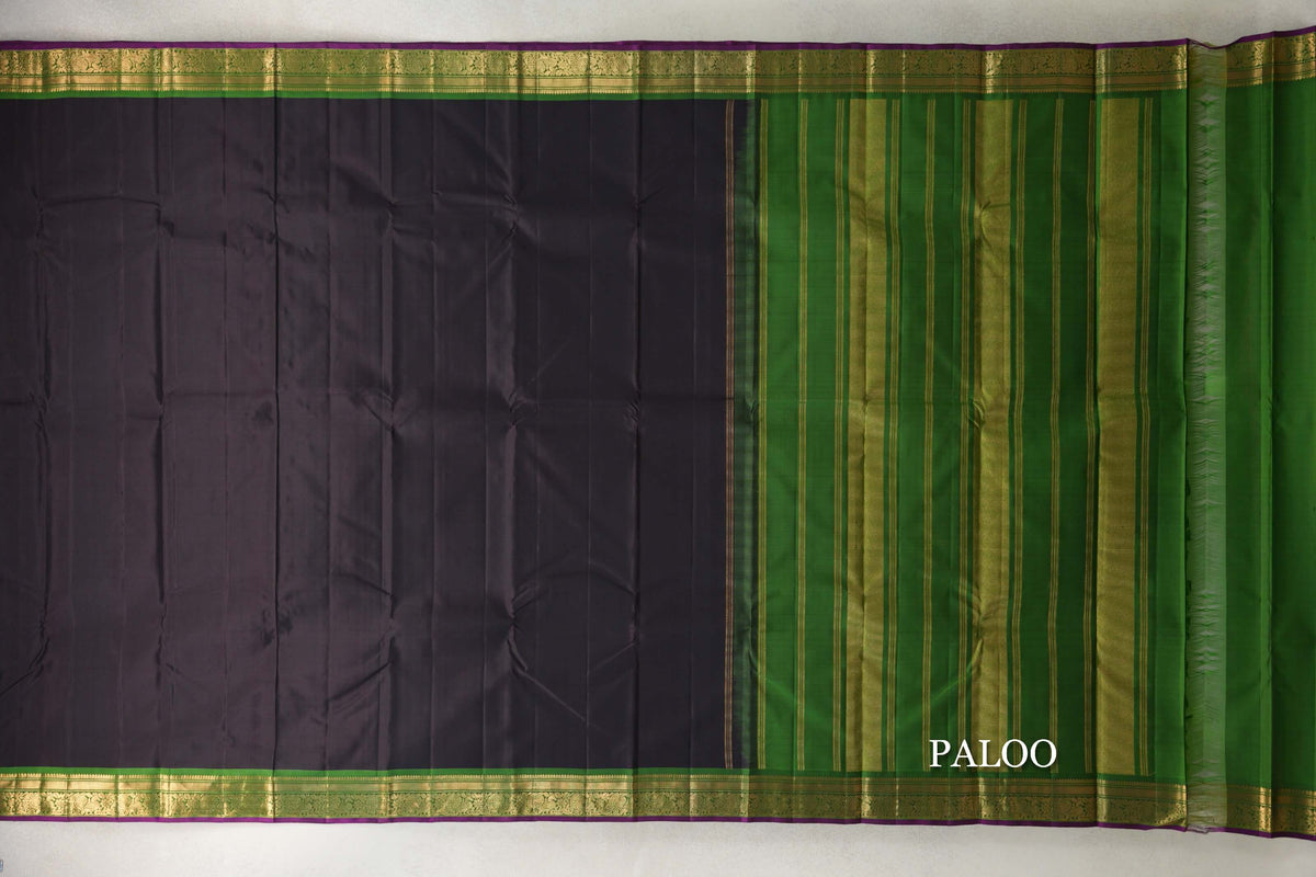 Deep Plum Brown /Black with Leaf Green with Deep Magenta Selvedge Borders Vintage Kanjivaram Silk Saree paloo