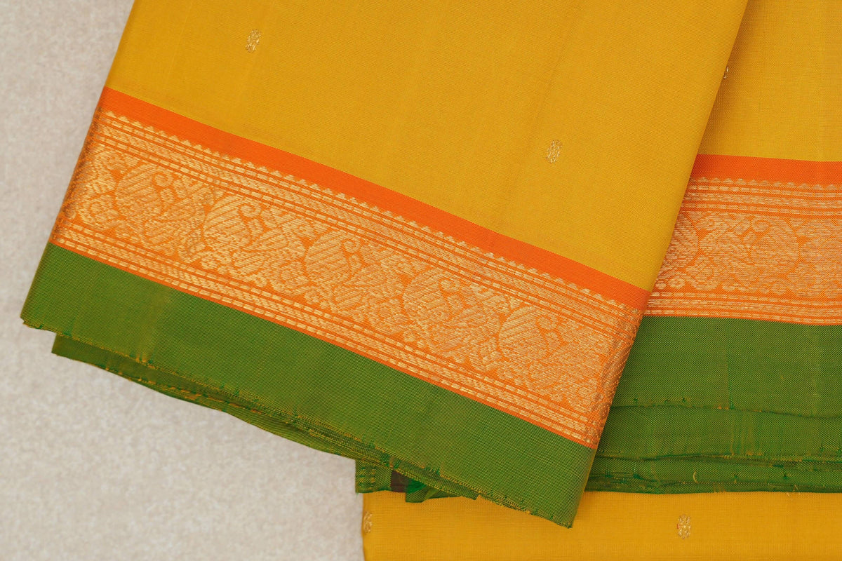 Turmeric Yellow with Bright Orange Borders with Leaf Green Selvedge Vintage Kanjivaram Silk Saree  border