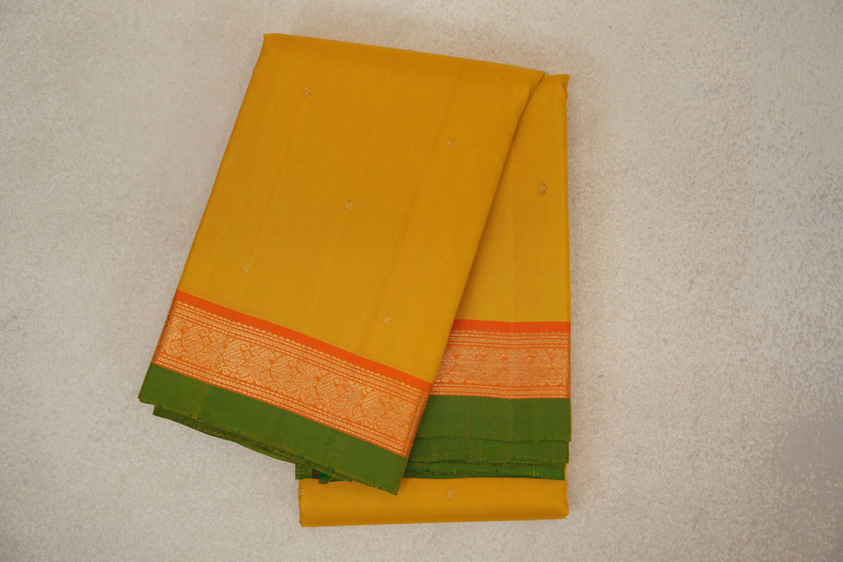 Turmeric Yellow with Bright Orange Borders with Leaf Green Selvedge Vintage Kanjivaram Silk Saree 