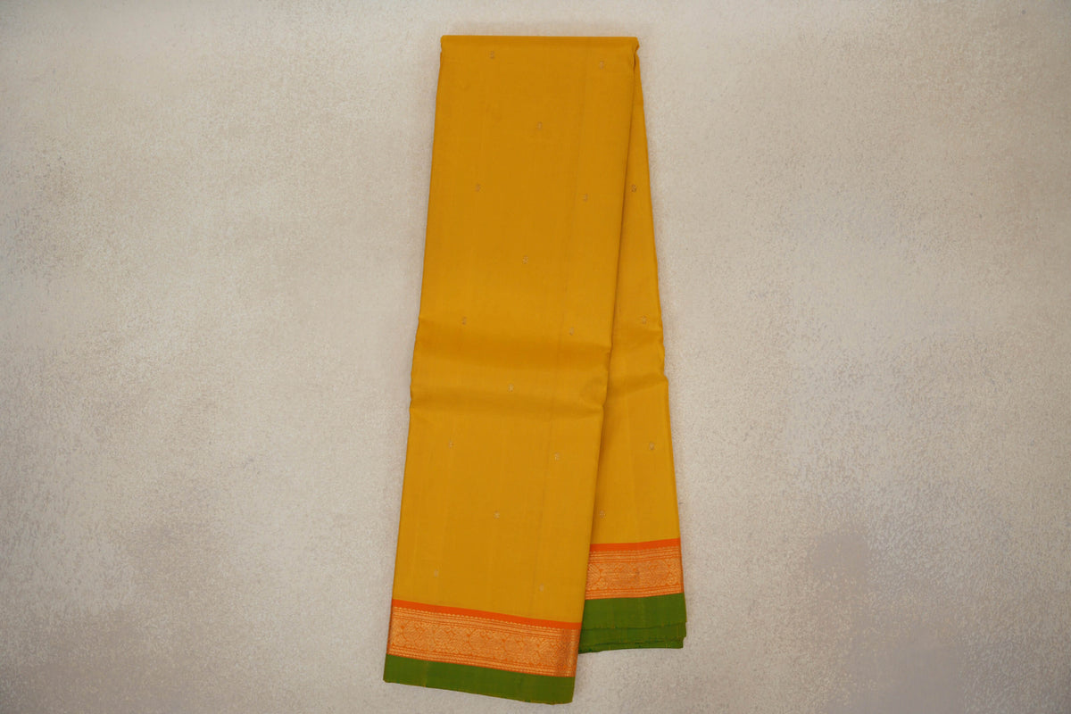 Turmeric Yellow with Bright Orange Borders with Leaf Green Selvedge Vintage Kanjivaram Silk Saree 