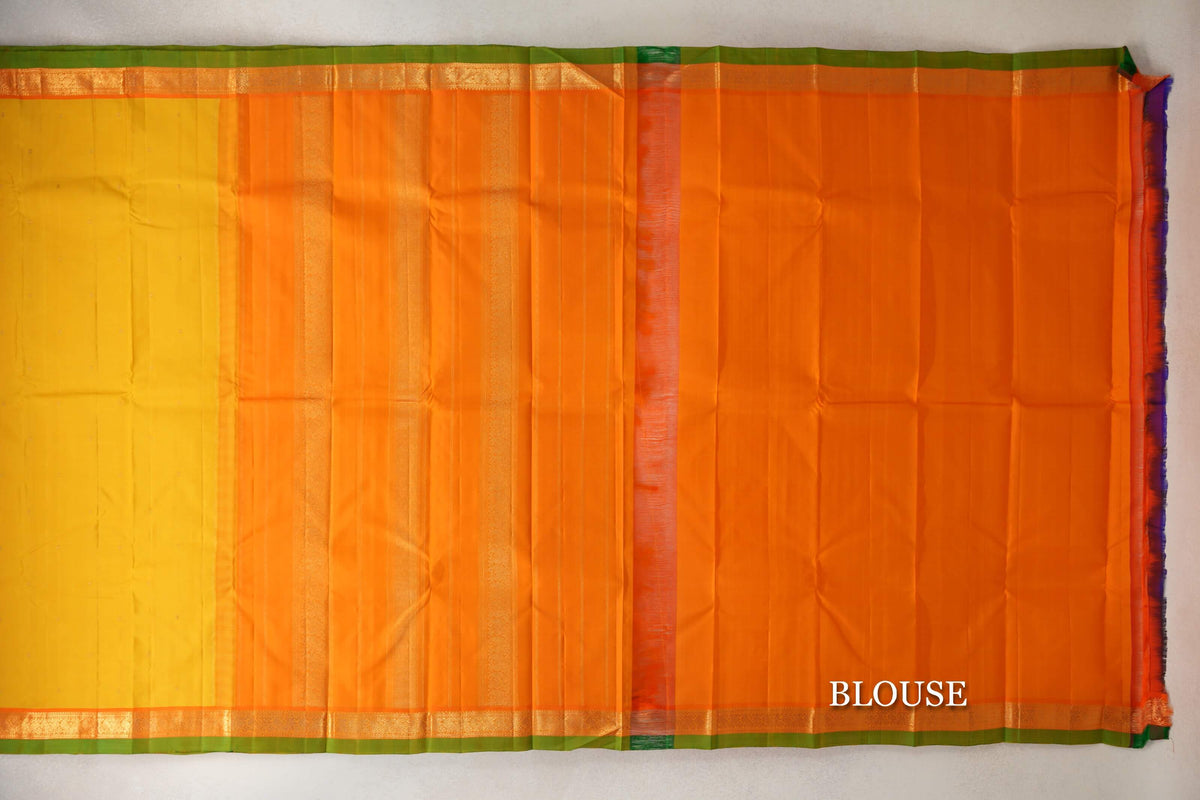 Turmeric Yellow with Bright Orange Borders with Leaf Green Selvedge Vintage Kanjivaram Silk Saree  blouse