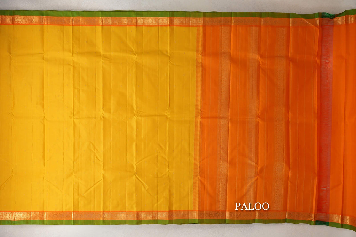 Turmeric Yellow with Bright Orange Borders with Leaf Green Selvedge Vintage Kanjivaram Silk Saree  paloo