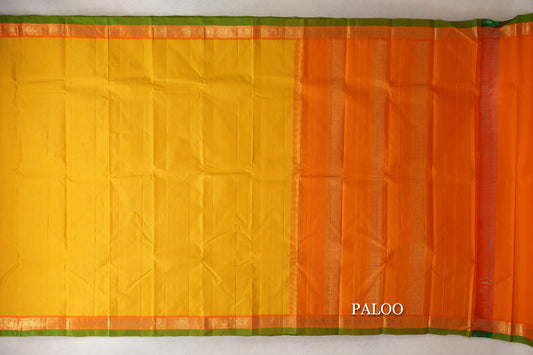 Turmeric Yellow with Bright Orange Borders with Leaf Green Selvedge Vintage Kanjivaram Silk Saree  paloo