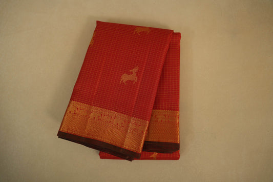 Chilli red zari checks Kanjivaram Silk Saree