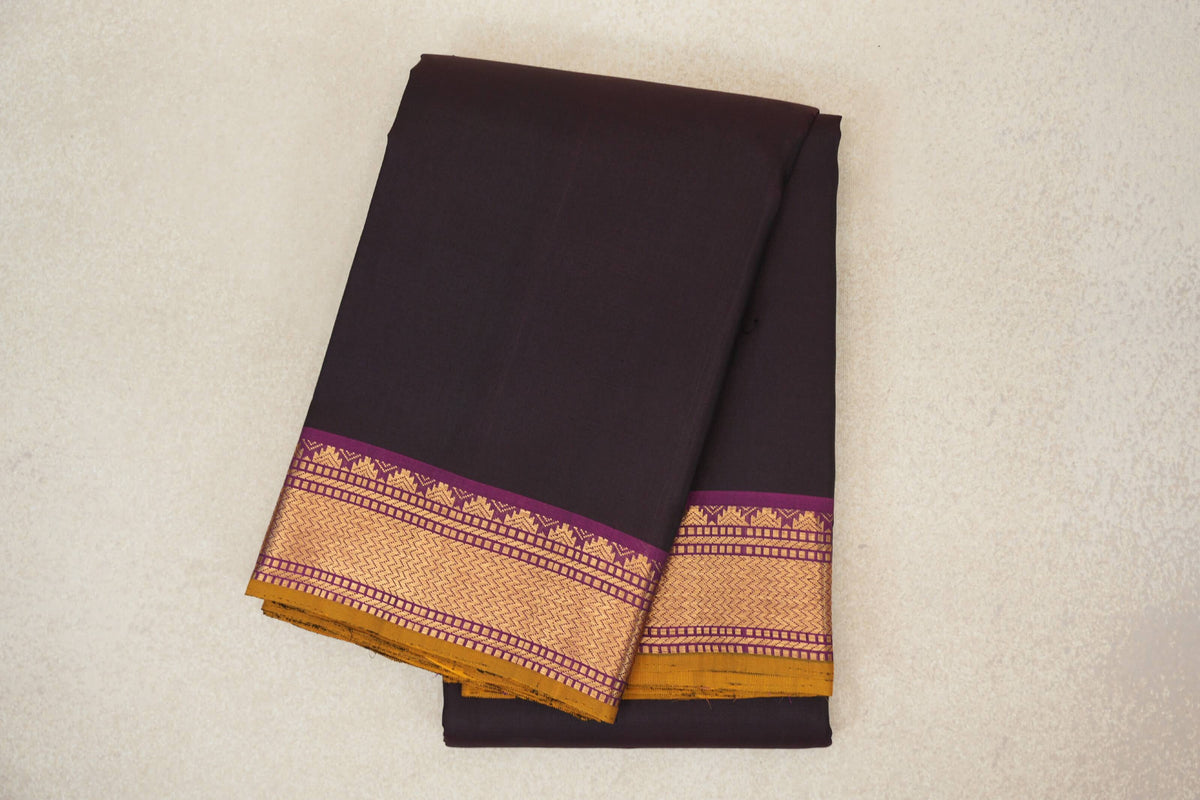 Deep Plum Brown with Deep Magenta with Mustard Oil Selvedge Borders Vintage Kanjivaram Silk Saree