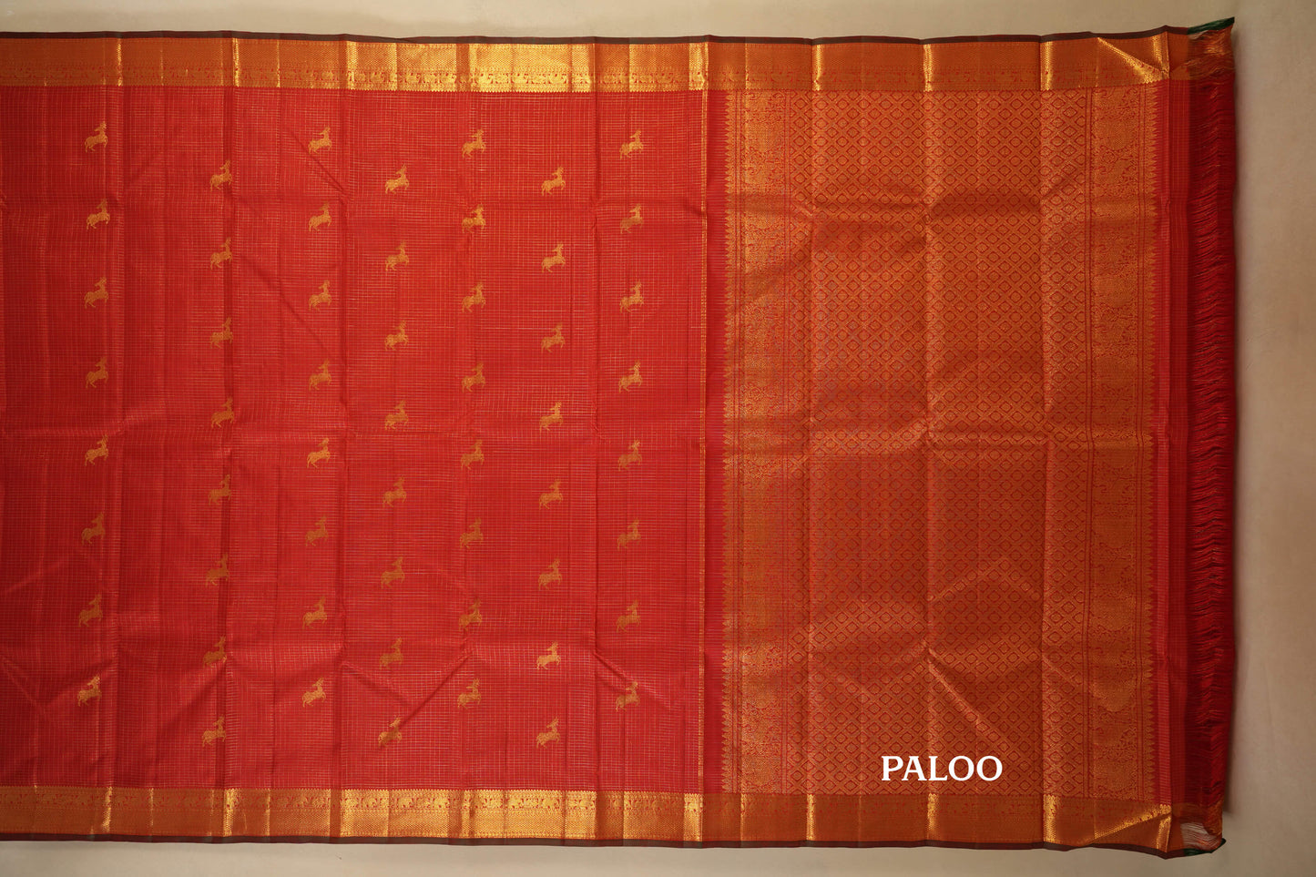 Chilli red zari checks Kanjivaram Silk Saree paloo