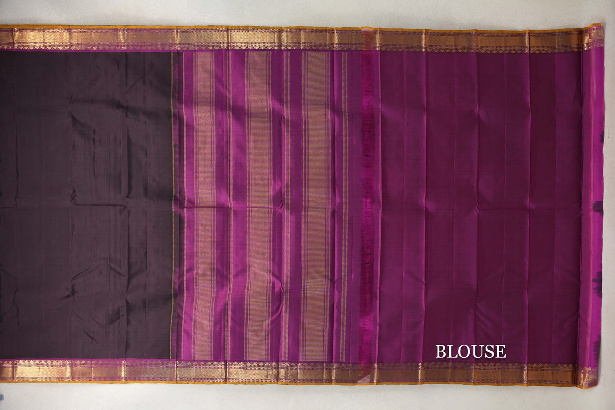 Deep Plum Brown with Deep Magenta with Mustard Oil Selvedge Borders Vintage Kanjivaram Silk Saree blouse