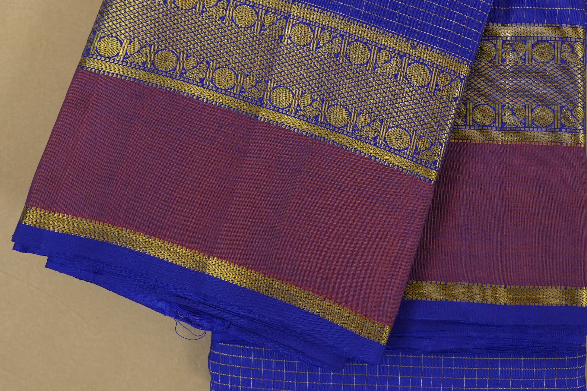Ink Blue with Light Brown Borders Kanjivaram Silk Saree borders